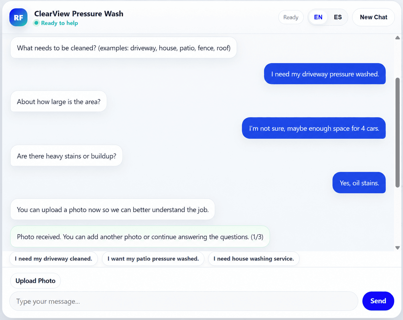 ResponseFlow intake chat collecting job details with customer photo upload