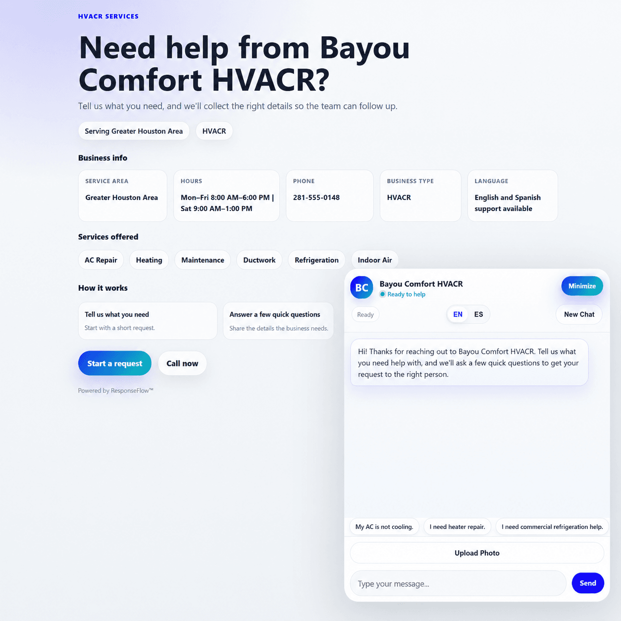 ResponseFlow hosted business page with built-in chat and intake